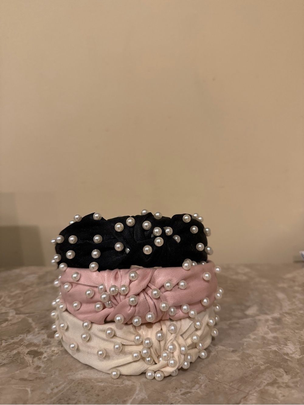 Pearl-Embellished Knot Headband - Black, Pink, Cream